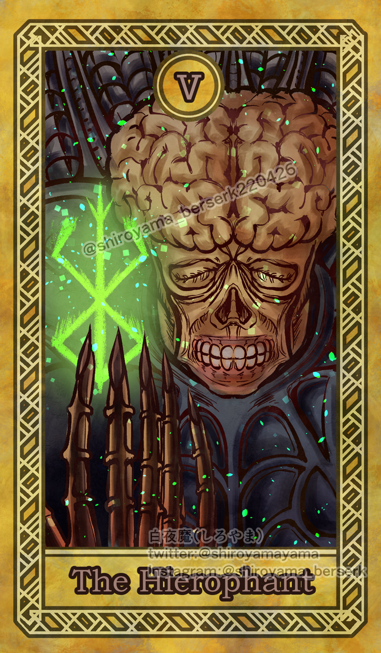 1boy berserk brain brand_of_sacrifice card_(medium) glowing highres shiroyama_(cxxy8358) skeleton skull tarot tarot_(medium) teeth the_hierophant_(tarot) void_(berserk)