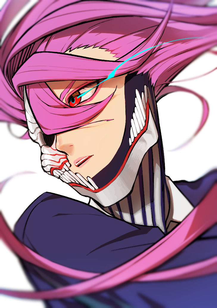 1girl acrobatic_silky_(dandadan) alternate_form dandadan long_hair mask mon!_(monmonlezard) mouth_mask pink_hair red_eyes shiratori_aira_(dandadan) solo transformation