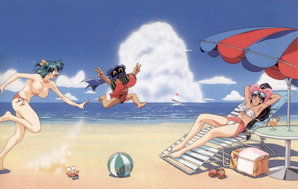1990s_(style) 1boy 2girls aqua_hair armpits arms_behind_head barefoot beach beach_chair beach_umbrella bikini boat bow breasts chasing crab day double_v drink eyewear_on_head food fruit hair_bow high_ponytail injuu_gakuen_la_blue_girl large_breasts long_hair midou_miko multiple_girls navel nin-nin nipples official_art open_mouth outdoors ponytail reclining red_bikini retro_artstyle rin-sin running sandals scan side-tie_bikini_bottom swimsuit umbrella unworn_sandals v very_long_hair watercraft watermelon white_bikini yaku yaku_(la_blue_girl)