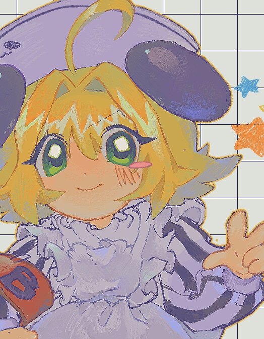 1girl ahoge animal_ears apron armband blonde_hair blush child commentary_request cropped di_gi_charat dress green_eyes grid_background hat long_sleeves looking_at_viewer panda_ears piyoko short_hair smile solo standing star_(symbol) sunoko517 w