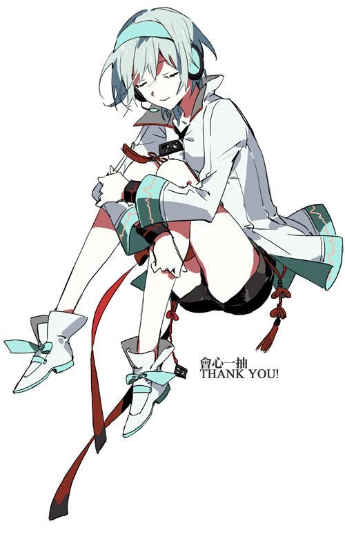 1girl bare_legs black_shorts blue_headset boots cardiogram cardiogram_print chinese_knot chinese_text closed_eyes english_text hugging_own_legs jacket long_sleeves red_ribbon ribbon short_hair short_shorts shorts sitting tomboy white_background white_boots white_hair wide_sleeves wristband