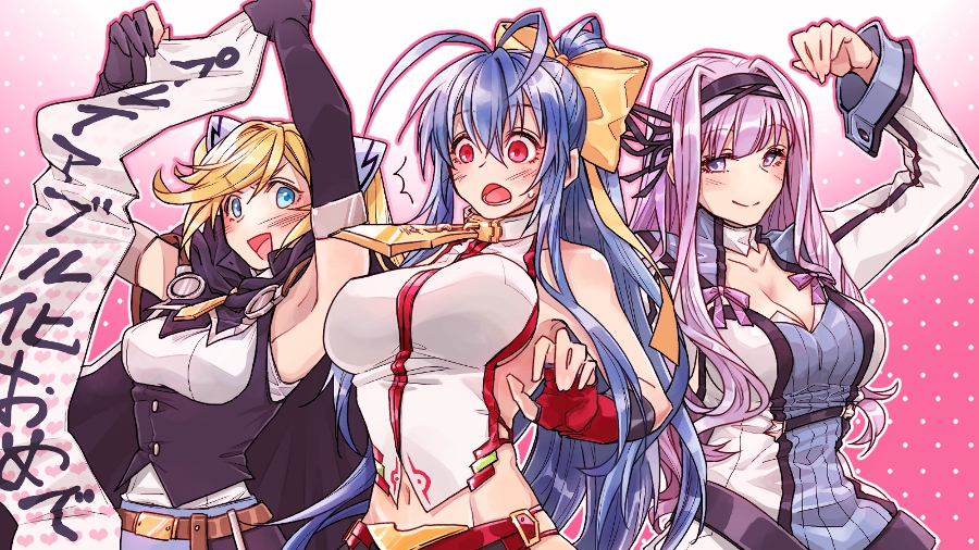 3girls :d :o antenna_hair backless_outfit banner bare_shoulders belt black_gloves black_pants blazblue blazblue:_central_fiction blazblue_variable_heart blonde_hair blue_hair blush bow breasts butterfly_hair_ornament celebration cleavage detached_sleeves dress fingerless_gloves genderswap genderswap_(mtf) gloves hair_between_eyes hair_bow hair_ornament hairband halterneck kajun_faycott large_breasts long_hair lowleg lowleg_pants mai_natsume midriff multiple_girls navel no_bra no_panties nunun open_mouth pants ponytail purple_eyes purple_hair red_eyes revealing_clothes ribbon shiori_kirihito sideboob sidelocks skirt smile standing surprised thighs translation_request two_side_up very_long_hair yellow_bow
