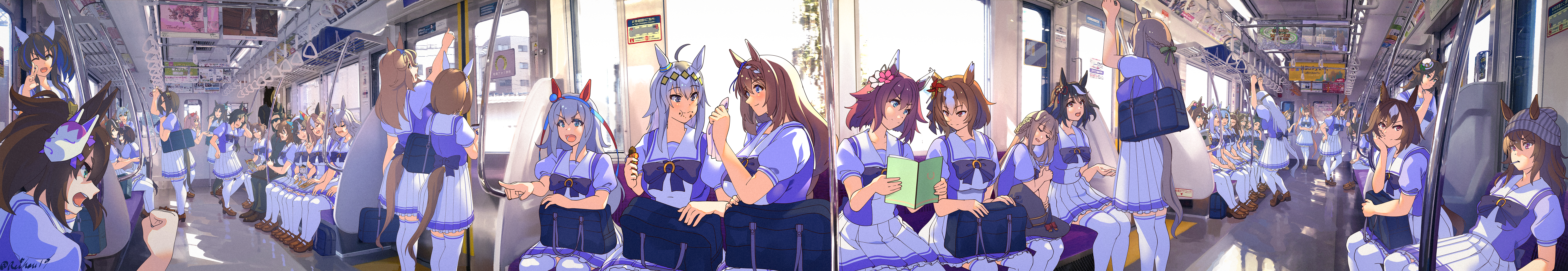 6+girls absurdres admire_vega_(umamusume) agnes_digital_(umamusume) agnes_tachyon_(umamusume) ahoge air_groove_(umamusume) air_shakur_(umamusume) animal_ears artist_name back_bow bag black_hair blue_eyes book bow brown_footwear brown_hair clenched_hand closed_eyes clover_hair_ornament copano_rickey_(umamusume) daitaku_helios_(umamusume) daiwa_scarlet_(umamusume) ear_covers earrings ears_down el_condor_pasa_(umamusume) fine_motion's_bodyguard_captain fine_motion_(umamusume) gold_city_(umamusume) gold_ship_(umamusume) grass_wonder_(umamusume) hair_ornament hat highres hokko_tarumae_(umamusume) holding holding_book holding_stuffed_toy horse_ears horse_girl horse_tail inari_one_(umamusume) jewelry kitasan_black_(umamusume) loafers long_hair long_image medium_hair mejiro_ardan_(umamusume) mejiro_bright_(umamusume) mejiro_dober_(umamusume) mejiro_mcqueen_(umamusume) mejiro_palmer_(umamusume) mejiro_ramonu_(umamusume) mejiro_ryan_(umamusume) mini_hat mini_top_hat mr._c.b._(umamusume) multicolored_hair multiple_girls nakayama_festa_(umamusume) nishino_flower_(umamusume) oguri_cap_(umamusume) one_eye_closed panorama pillbox_hat pointing pointing_up puffy_short_sleeves puffy_sleeves purple_bow railing reihou19 sakura_chiyono_o_(umamusume) satono_diamond_(umamusume) school_bag school_uniform seiun_sky_(umamusume) shoes short_hair short_sleeves shoulder_bag single_ear_cover single_earring sirius_symboli_(umamusume) sitting skirt streaked_hair stuffed_toy super_creek_(umamusume) sweep_tosho_(umamusume) symboli_rudolf_(umamusume) tail tamamo_cross_(umamusume) thighhighs tokai_teio_(umamusume) tomachop top_hat tracen_school_uniform train train_interior umamusume vodka_(umamusume) w white_headwear white_skirt white_thighhighs wide_image wonder_acute_(umamusume) yaeno_muteki_(umamusume) yukino_bijin_(umamusume)