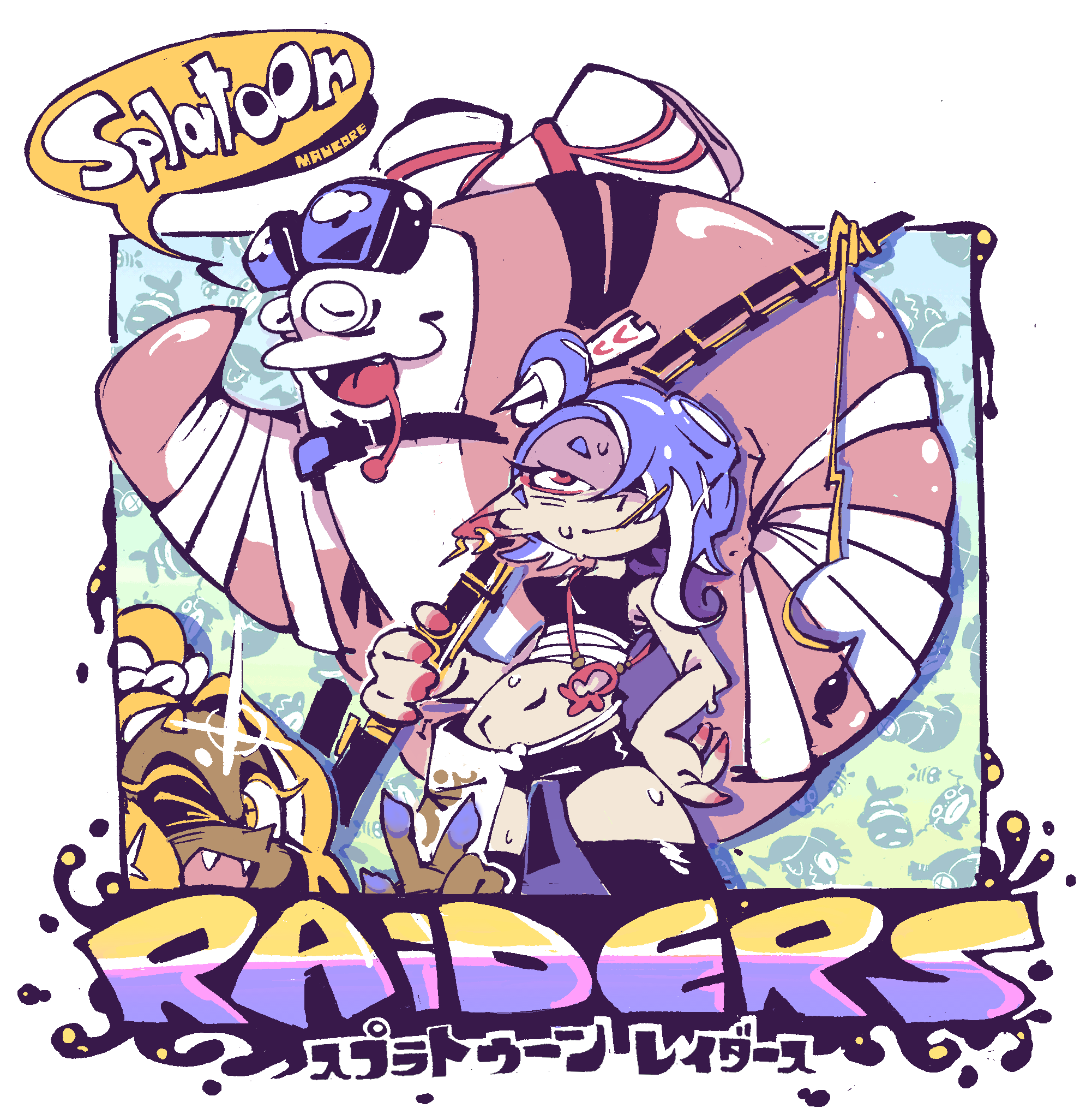 1boy 2girls arm_wrap big_man_(splatoon) big_man_(splatoon_raiders) bike_shorts blonde_hair blue_hair dark-skinned_female dark_skin eyeliner fangs fishing_rod forehead frye_(splatoon) frye_(splatoon_raiders) goggles goggles_on_head hair_over_one_eye hand_on_own_hip highres inkling looking_at_viewer makeup multiple_girls navel nintendo octoling one_eye_closed red_eyes shiny_skin shiver_(splatoon) shiver_(splatoon_raiders) smile splatoon_(series) splatoon_raiders sweat tank_top tentacle_hair thighhighs tintinmarmar v