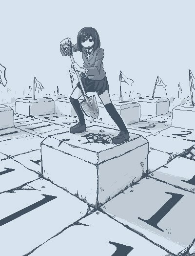 1girl attempted_suicide black_thighhighs blue_theme female_focus flag hamsterfragment holding holding_shovel long_sleeves medium_hair minesweeper monochrome no_nose original shoes shovel solo standing suicidal_girl_(hamsterfragment) suicide thighhighs wide_shot