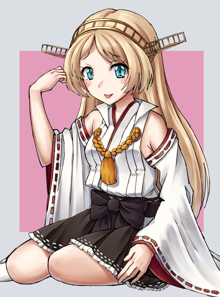 1girl blonde_hair blue_eyes brown_skirt cosplay detached_sleeves dojikko_pose female_focus grey_background hairband headgear japanese_clothes jervis_(kancolle) kantai_collection kongou_(kancolle) kongou_(kancolle)_(cosplay) long_hair mayura_(lucadia) ribbon-trimmed_sleeves ribbon_trim sitting skirt solo touyama_nao two-tone_background voice_actor_connection yokozuwari
