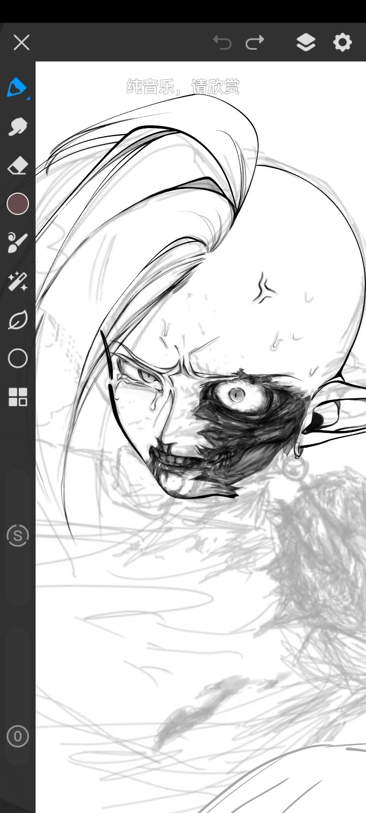 1boy anger_vein art_program_in_frame bad_id bad_twitter_id bleeding blood blood_on_face body_horror dragon_ball dragon_ball_super earrings face_injury head_injury highres horror_(theme) jewelry mohawk nosebleed pointy_ears potara_earrings sffuju shirt short_hair sketch skinned solo sweat torn_skin unfinished zamasu