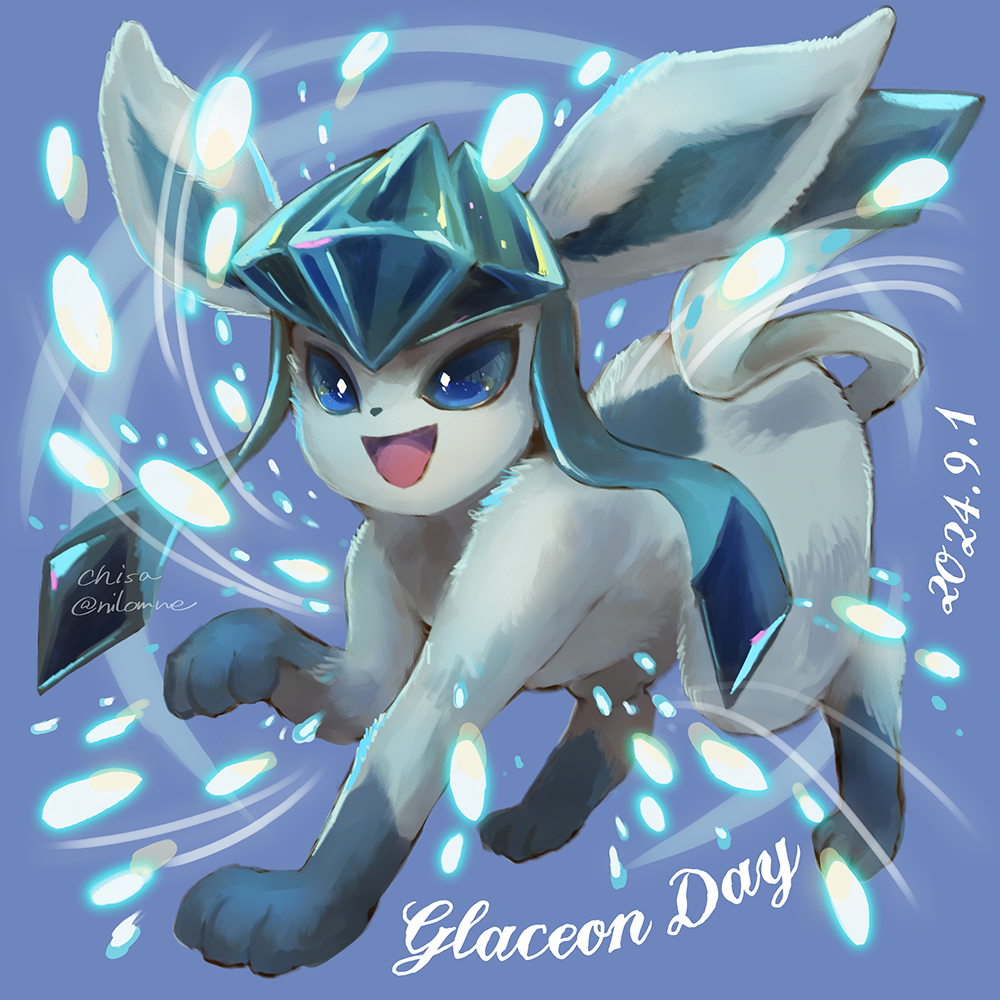 animal animal_focus blue_eyes dated gen_4_pokemon glaceon long_hair momomo12 nintendo no_humans open_mouth pokemon pokemon_(creature) sidelocks smile solo