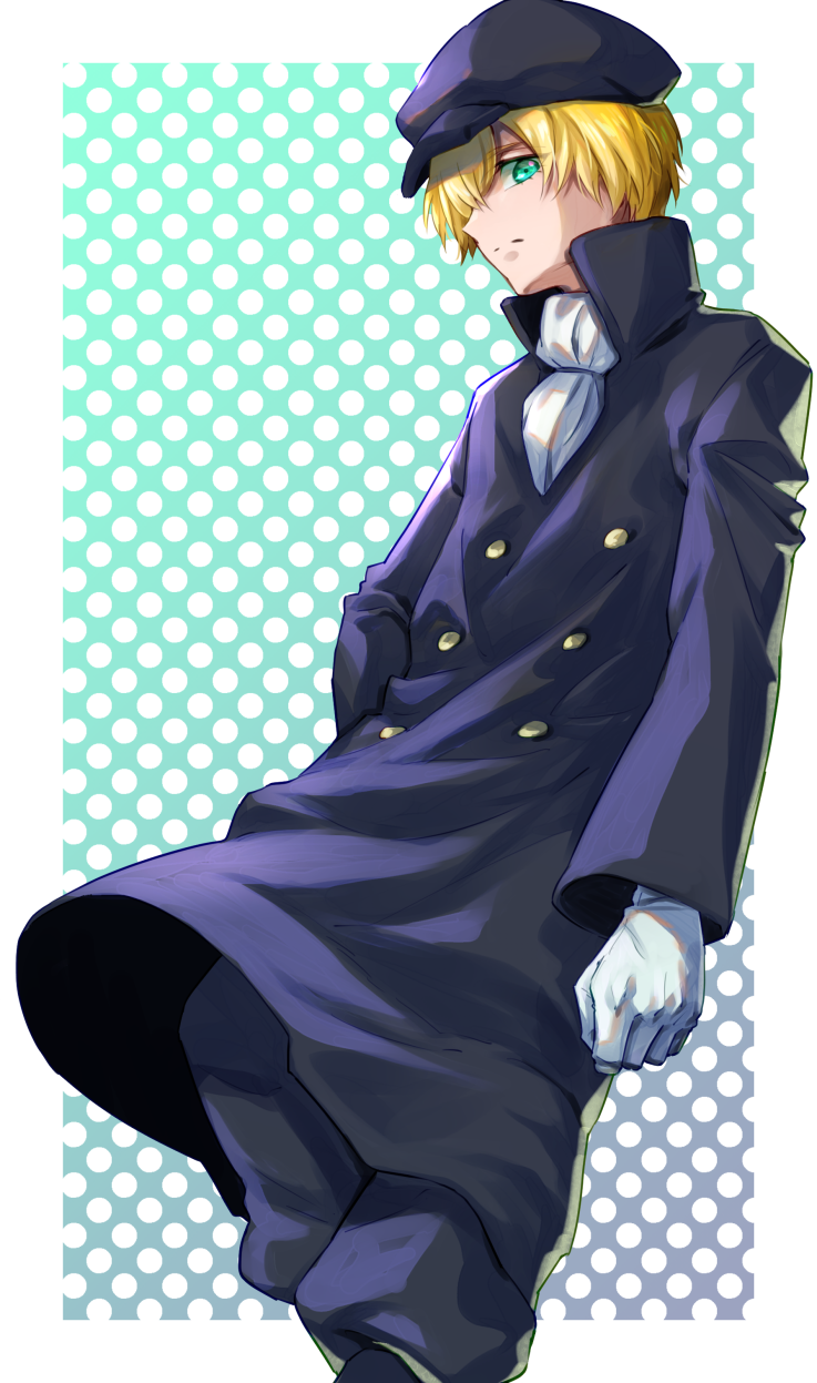 1boy arms_at_sides black_coat black_hat bleach blonde_hair border buttons clenched_hand closed_mouth coat commentary_request feet_out_of_frame frown gloves green_background green_eyes hat highres long_sleeves looking_at_viewer male_focus peaked_cap polka_dot polka_dot_background profile short_hair simple_background solo soraao0322 split_mouth standing white_border white_gloves wide_sleeves yukio_hans_vorarlberna