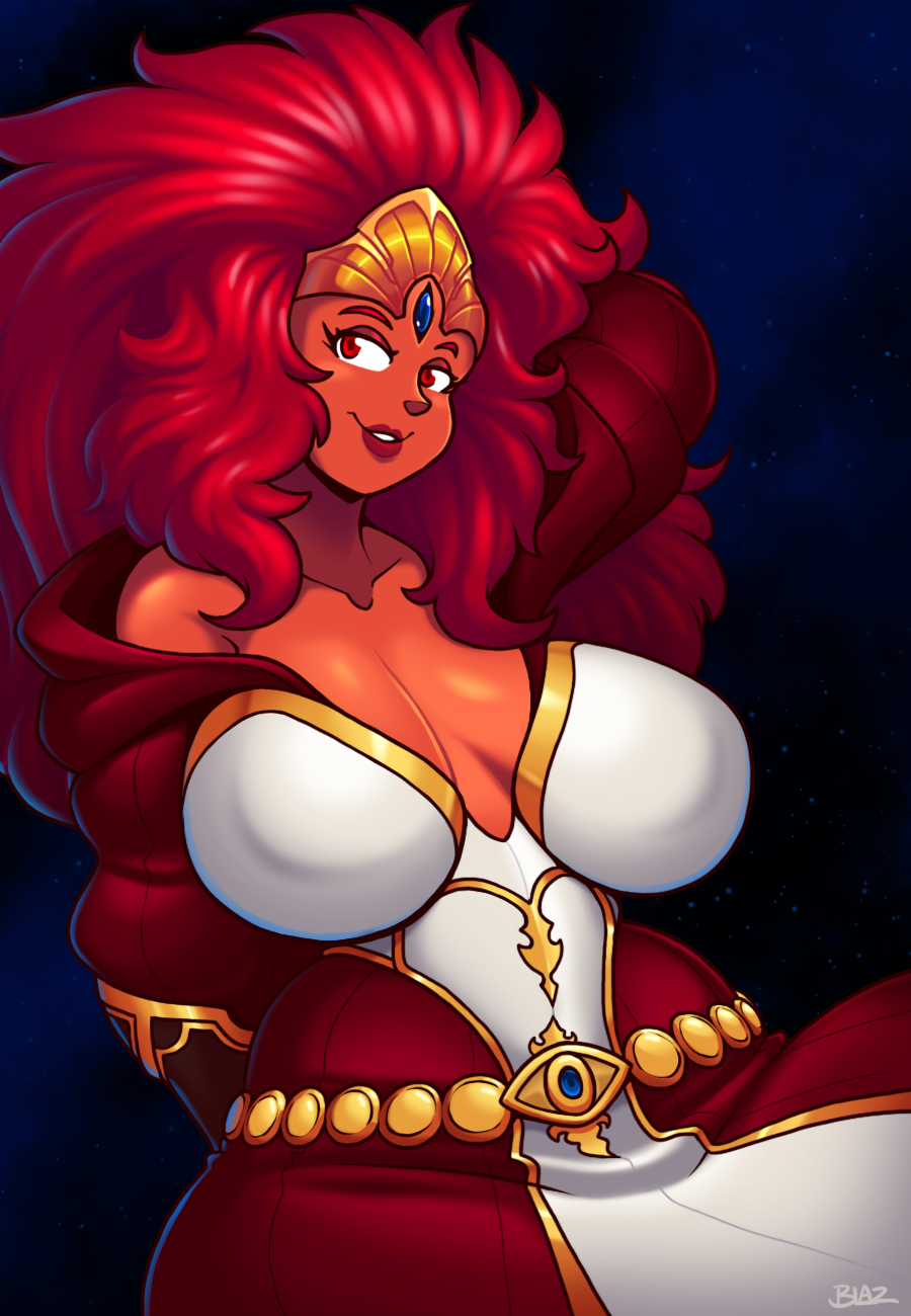 1girl arm_behind_back arm_behind_head bare_shoulders blazbaros breasts cleavage colored_skin commission crown curvy female_focus gauntlets gold_trim highres jewelry large_breasts long_hair looking_at_viewer magnus_the_red parted_lips red_eyes red_hair red_lips red_robe red_skin robe sitting sky smile solo star_(symbol) third_eye warhammer_40k wide_hips wild_hair