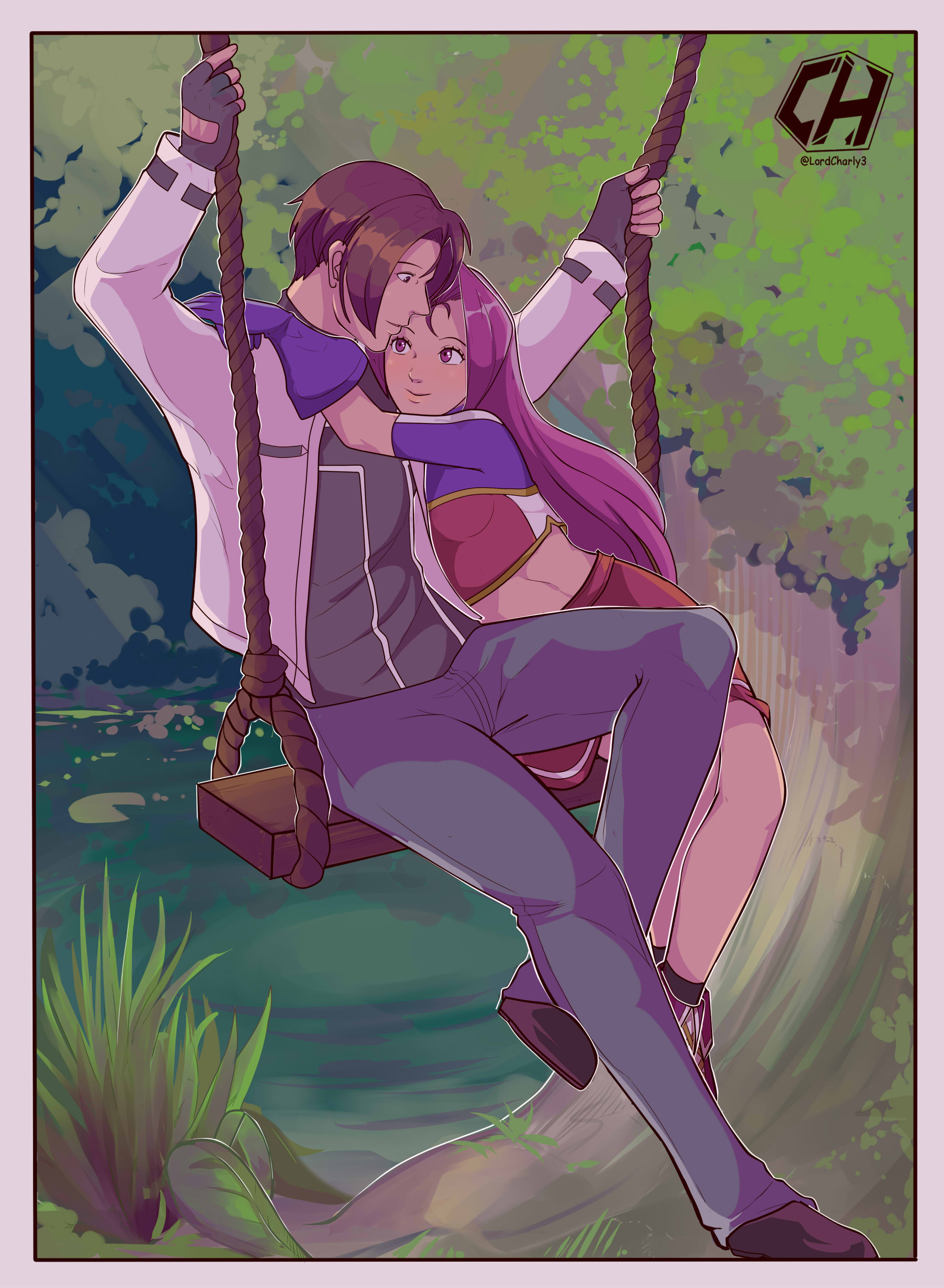 1boy 1girl absurdres asamiya_athena charlyarts hair_ornament highres idol kusanagi_kyou on_swing purple_hair snk star_(symbol) star_hair_ornament swing swinging_on_swing the_king_of_fighters the_king_of_fighters_2002