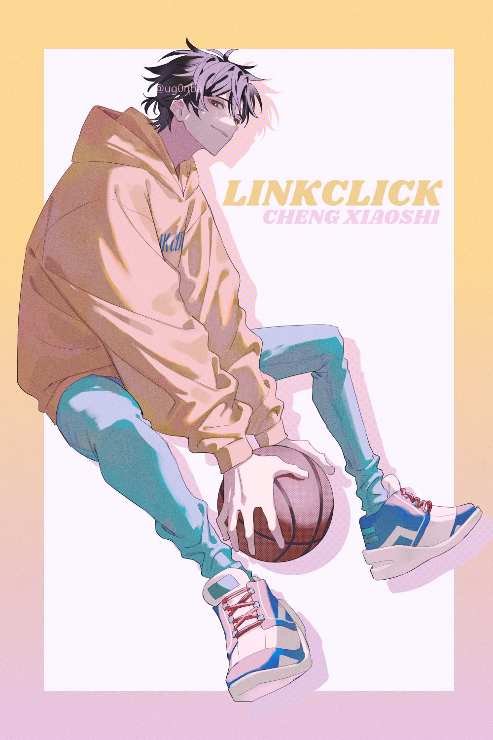 1boy alternate_costume antenna_hair ball basketball basketball_(object) black_eyes black_hair blue_pants border character_name cheng_xiaoshi closed_mouth copyright_name denim english_text full_body hair_between_eyes highres holding holding_ball hood hood_down hoodie invisible_chair jeans long_sleeves looking_at_viewer male_focus messy_hair outside_border pants ponytail shadow shiguang_dailiren shoes short_hair short_ponytail sitting smile sneakers solo twitter_username ugonba_(howatoro) watermark white_background white_shoes yellow_hoodie