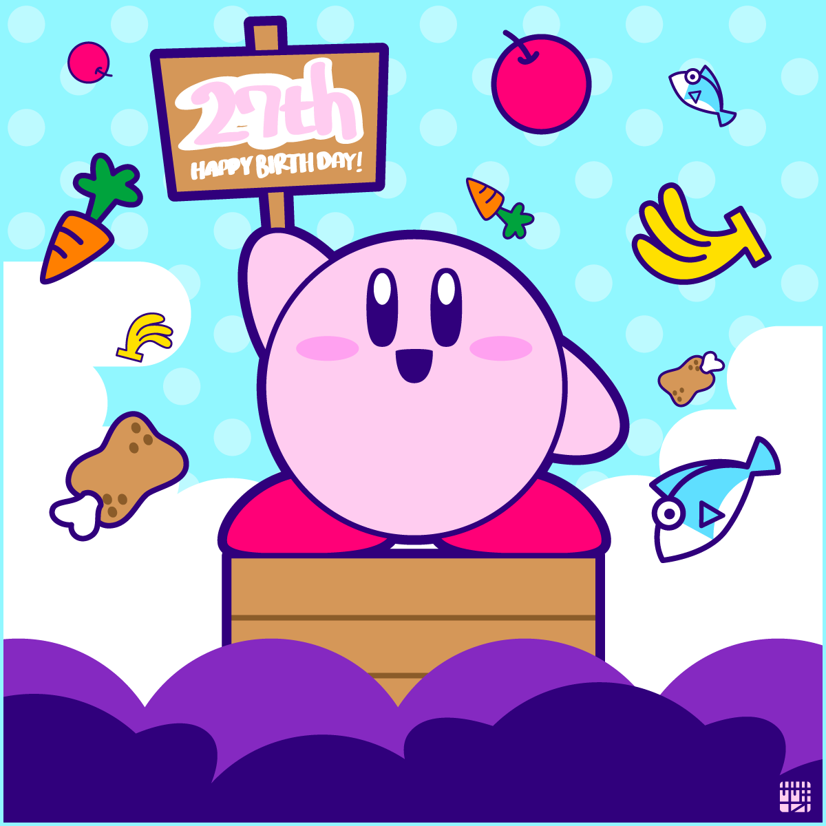apple arm_up banana blush_stickers boned_meat bright_pupils carrot fish food fruit full_body happy_birthday highres holding holding_sign kirby kirby_(series) looking_at_viewer meat nintendo no_humans open_mouth polka_dot polka_dot_background sasakinao sign solo white_pupils