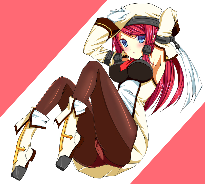 1girl arc_system_works beret blazblue blazblue:_continuum_shift blue_eyes blush boots breasts cosplay cross detached_sleeves dress female_focus gloves hair_tubes hat hoshi_(ho4_no) impossible_clothes long_hair military military_uniform necktie noel_vermillion noel_vermillion_(cosplay) panties panties_under_pantyhose pantyhose pantyshot red_hair short_dress sidelocks solo tsubaki_yayoi underwear white_gloves
