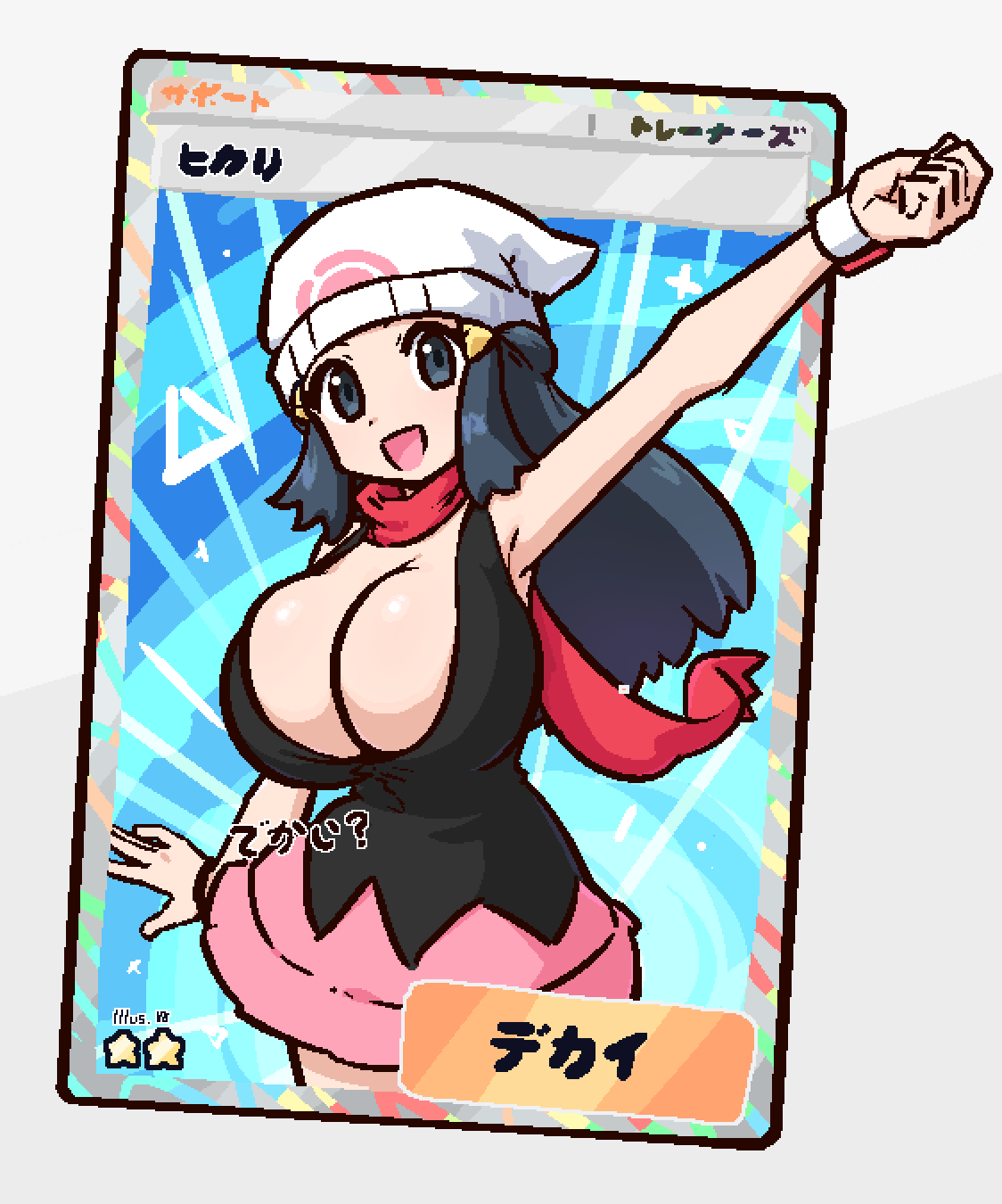 1girl :d alternate_breast_size armpits beanie black_shirt blue_eyes blue_hair breasts card cleavage commentary cowboy_shot dawn_(pokemon) english_commentary fake_trading_card game_freak grey_background hat highres large_breasts liveactors long_hair looking_at_viewer miniskirt nintendo open_mouth pink_skirt pokemon pokemon_dppt pokemon_tcg pokemon_tcg_pocket red_scarf scarf shirt skirt sleeveless sleeveless_shirt smile solo sparkle tongue tongue_out white_hat white_wrist_cuffs wrist_cuffs