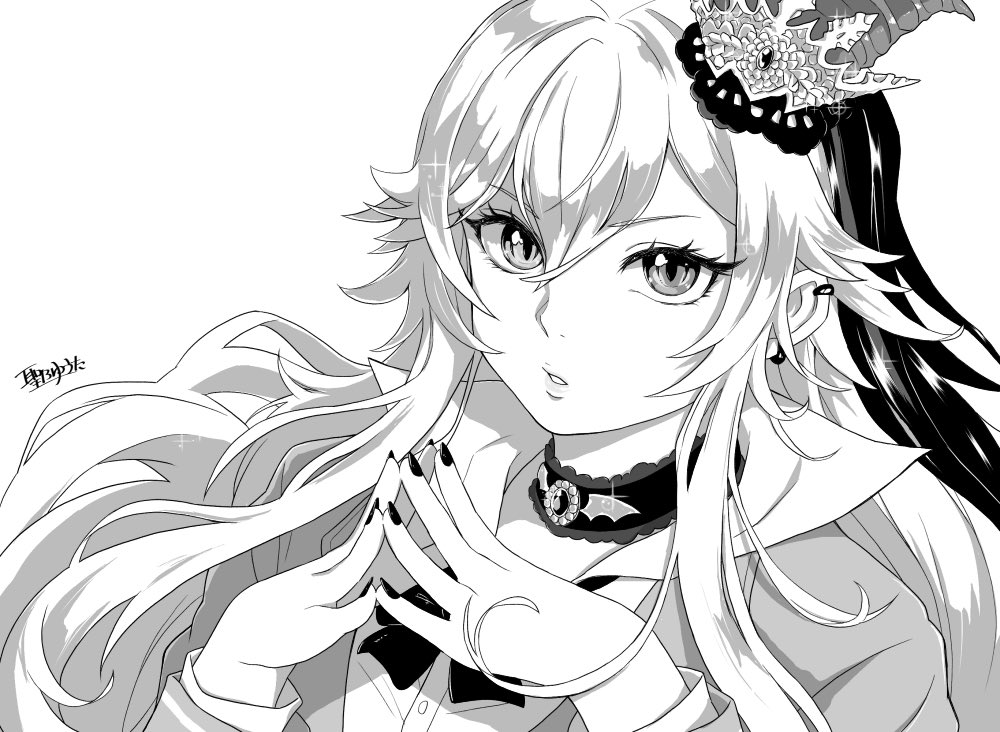 1girl bow choker collared_shirt earrings ellie_(housamo) eyelashes greyscale hair_between_eyes hijirino_yuuta horns jacket jewelry looking_at_viewer monochrome nail_polish own_fingers_together parted_lips shirt simple_background solo sparkle tokyo_houkago_summoners upper_body