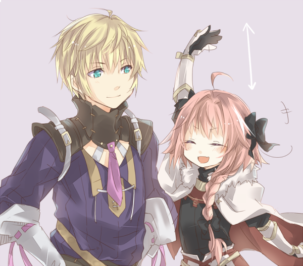 +++ 2boys :d ahoge aqua_eyes arm_up arrow_(symbol) astolfo_(fate) belt black_bow black_shirt blonde_hair blush bow braid cape closed_eyes closed_mouth facing_another fate/grand_order fate_(series) fur-trimmed_cape fur_trim grey_belt hair_bow hands_on_own_hips height_difference kujimaru looking_at_another male_focus multicolored_hair multiple_boys necktie open_mouth pink_hair purple_necktie purple_shirt rerebrace roland_(fate) shirt shoulder_belt simple_background smile streaked_hair trap upper_body white_cape white_hair