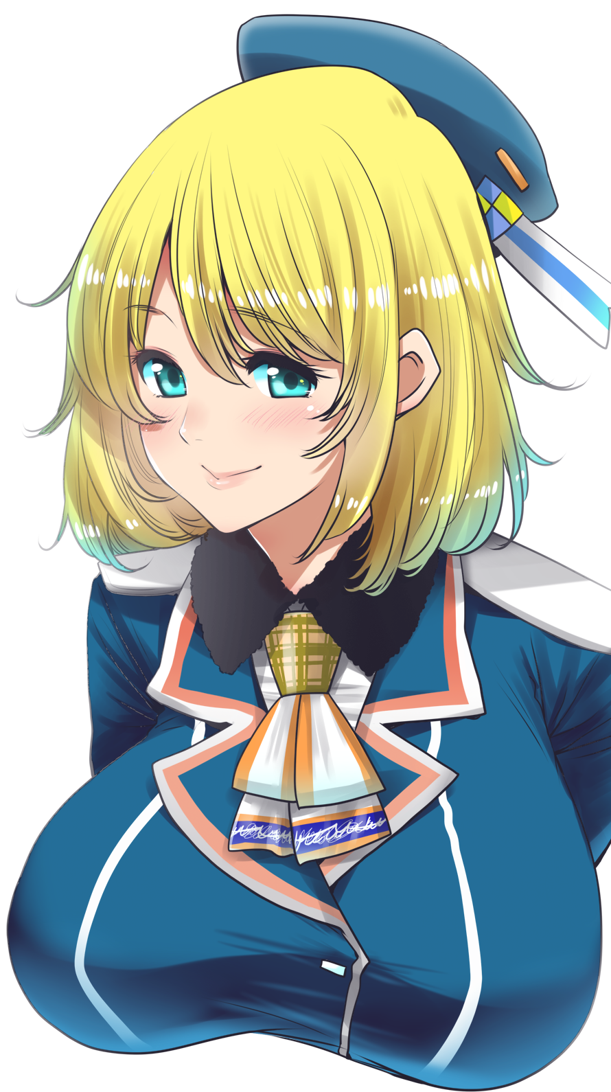 10s 1girl atago_(kancolle) blonde_hair blue_eyes breasts hat highres kantai_collection large_breasts lips looking_at_viewer military military_uniform neckerchief perepere-kun sidelocks solo taut_clothes upper_body white_background
