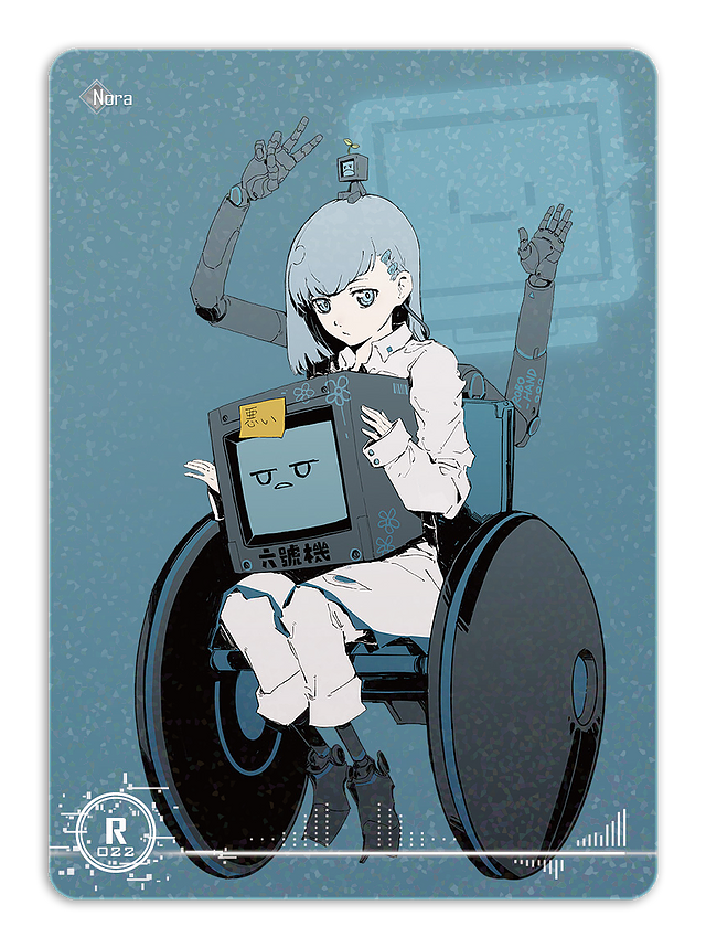 1girl artificial_legs artist_request blue_background blue_eyes blue_hair blue_theme bob_cut bright_pupils cable character_name chinese_text commentary crt cytus cytus_ii english_text expressionless frown full_body game_cg hair_ornament hairclip holding jitome looking_at_viewer looking_to_the_side mechanical_arms monitor nora_(cytus) object_on_head official_art pajamas prosthesis prosthetic_leg robo_head_(cytus) robot short_hair sitting solo sprout_on_head sticky_note technology third-party_source trading_card translated transparent_background v wheelchair white_pajamas white_pupils