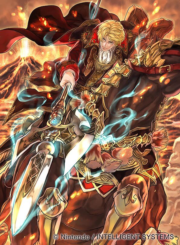 1boy blonde_hair camus_(fire_emblem) cape company_name epaulettes fire fire_emblem fire_emblem_cipher fire_emblem_echoes:_shadows_of_valentia horse horseback_riding male_focus nintendo official_art polearm riding solo spear suzuki_rika volcano weapon yellow_eyes