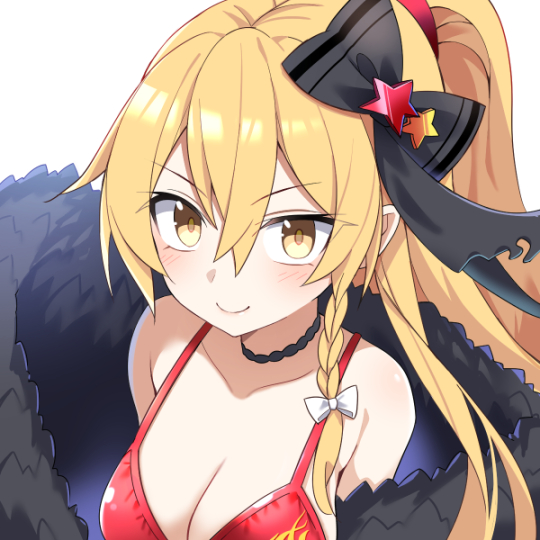 &gt;:) 1girl bikini black_choker black_jacket black_ribbon blonde_hair bow braid breasts choker cleavage collarbone e.o. hair_ribbon jacket kirisame_marisa kirisame_marisa_(witch_of_scarlet_dreams) kirisame_marisa_(witch_of_scarlet_dreams_on_vacation) large_breasts ponytail red_bikini red_star ribbon side_braid simple_background solo star_(symbol) swimsuit touhou touhou_lostword upper_body v-shaped_eyebrows white_background white_bow yellow_eyes yellow_star