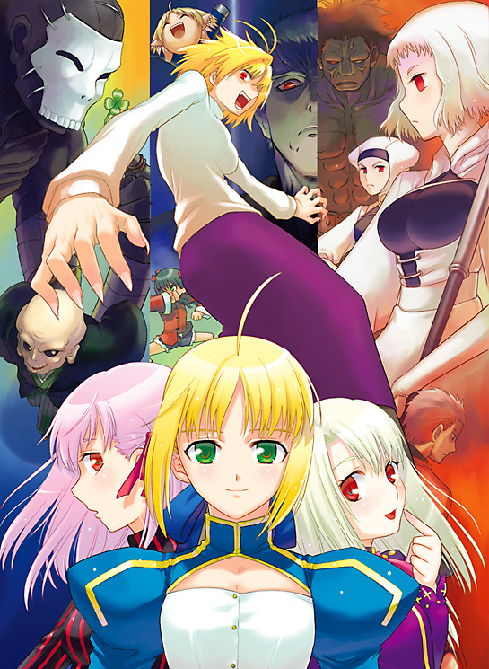 00s 5boys 6+girls archer_(fate) arcueid_brunestud arima_miyako artoria_pendragon_(fate) blonde_hair clover crossover dark_sakura fate/stay_night fate_(series) four-leaf_clover hassan_of_the_cursed_arm_(fate) heracles_(fate) illyasviel_von_einzbern leysritt_(fate) long_skirt matou_sakura matou_zouken melty_blood multiple_boys multiple_girls nanako nanako_(tsukihime) nrvnqsr_chaos purple_skirt saber_(fate) sella_(fate) skirt sweater task_owner tsukihime