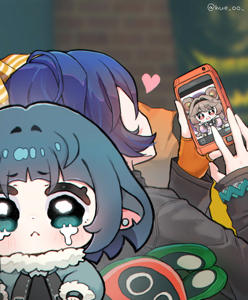 2girls animal_ears belle_(zenless_zone_zero) black_hair black_shirt blue_hair cellphone chibi commentary english_commentary fingerless_gloves fur-trimmed_jacket fur_trim gloves green_eyes heart highres holding holding_phone hue_oo jacket jane_doe_(zenless_zone_zero) korean_commentary long_sleeves looking_at_viewer lumi_(wuthering_waves) mini_person mixed-language_commentary mouse_ears mouse_girl multiple_girls orange_gloves phone shirt short_hair single_fingerless_glove smartphone tearing_up twitter_username wuthering_waves zenless_zone_zero