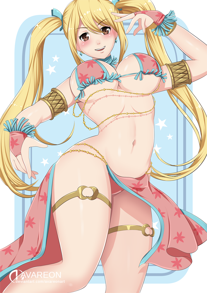 1girl bikini blonde_hair breasts cleavage fairy_tail fairy_tail:_dragon_cry large_breasts long_hair lucy_heartfilia lucy_heartfilia_(bar_altair_dancer)_(fairy_tail) mature_female navel ornament panties pink_panties solo swimsuit underboob underwear