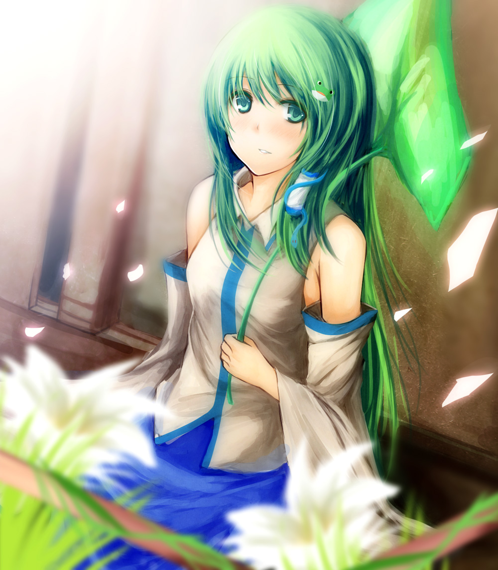 1girl bare_shoulders blue_skirt blurry breasts collared_shirt commentary_request depth_of_field detached_sleeves flower frog_hair_ornament green_eyes green_hair hair_ornament hair_tubes holding holding_umbrella kochiya_sanae leaf_umbrella light_blush long_hair long_sleeves looking_at_viewer medium_breasts metalwasabi open_mouth outdoors petals pink_petals shirt single_hair_tube single_sidelock skirt skirt_set sleeveless sleeveless_shirt snake_hair_ornament solo teeth touhou umbrella very_long_hair white_flower wide_sleeves wing_collar