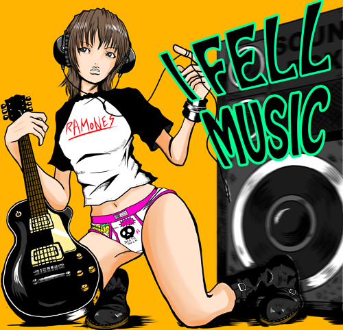 1girl briefs brown_hair guitar headphones instrument male_underwear speaker underwear
