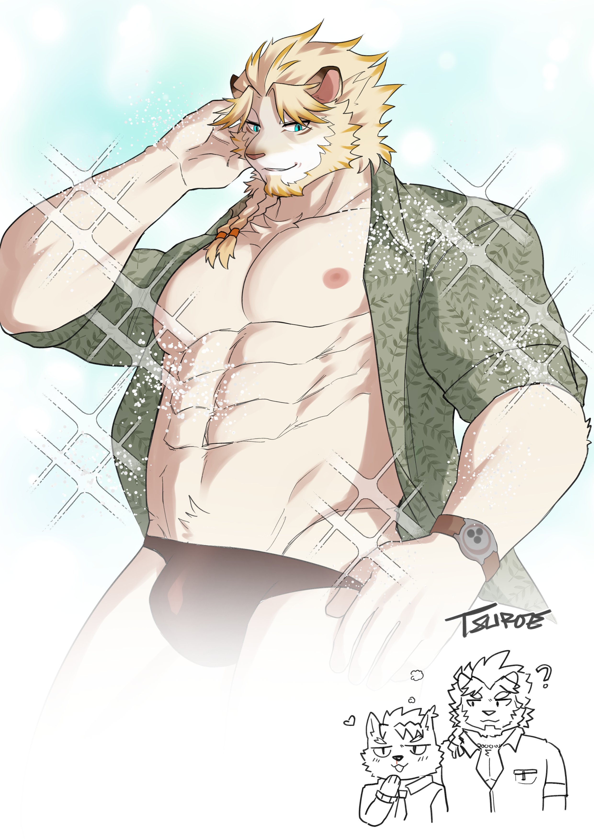 absurdres animal_ears artist_name astosis_(live_a_hero) bara black_male_swimwear blue_eyes braid chibi chibi_inset commentary dog_boy dog_ears english_commentary green_shirt heart highres leaf_print lion_boy lion_ears lion_mane live_a_hero male_focus male_protagonist_(live_a_hero) male_swimwear male_underwear male_underwear_pull nipples open_clothes open_shirt shirt smile sparkle swim_briefs tsuroe underwear watch wristwatch