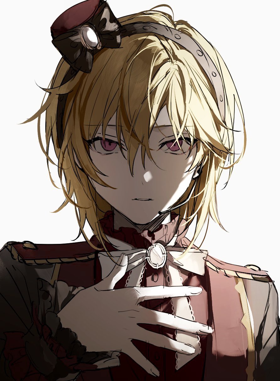 1boy black_hairband black_jacket black_ribbon blonde_hair bow bowtie ensemble_stars! expressionless frilled_shirt frills hair_between_eyes hairband hand_on_own_chest hat headset highres jacket looking_at_viewer male_focus medium_hair nito_nazuna_(valkyrie) nozz177 parted_lips portrait purple_eyes red_hat red_shirt ribbon shadow shirt sidelighting simple_background solo white_background white_bow white_bowtie