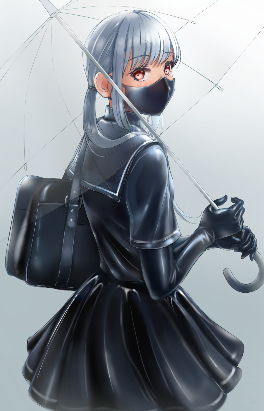 1girl ameya bag black_shirt black_skirt bodysuit commentary_request dress from_behind gloves gradient_background grey_background highres holding holding_umbrella latex latex_bodysuit latex_dress latex_gloves latex_serafuku long_hair looking_at_viewer looking_back mask mouth_mask original pleated_skirt red_eyes school_bag school_uniform serafuku shirt short_sleeves silver_hair skirt solo standing transparent transparent_umbrella twintails umbrella upper_body white_background