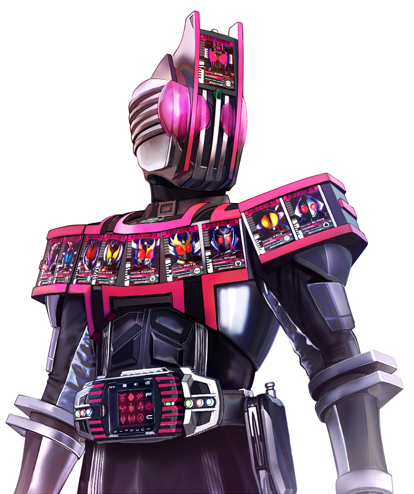 1boy armor belt black_bodysuit bodysuit card complete_form compound_eyes decadriver helmet kamen_rider kamen_rider_dcd kamen_rider_decade male_focus masukudo_(hamamoto_hikaru) multiple_boys pink_armor pink_eyes rider_belt rider_card solo standing tokusatsu