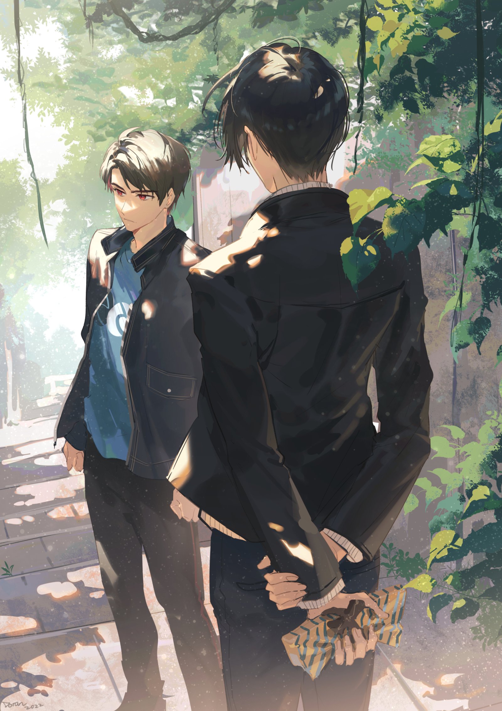 2boys black_hair black_jacket black_pants blue_shirt brothers brown_hair doran_(doran7280) facing_another gift highres holding holding_gift igarashi_daiji igarashi_ikki jacket kamen_rider kamen_rider_revice male_focus multiple_boys pants pink_eyes shirt siblings stairs tree white_shirt