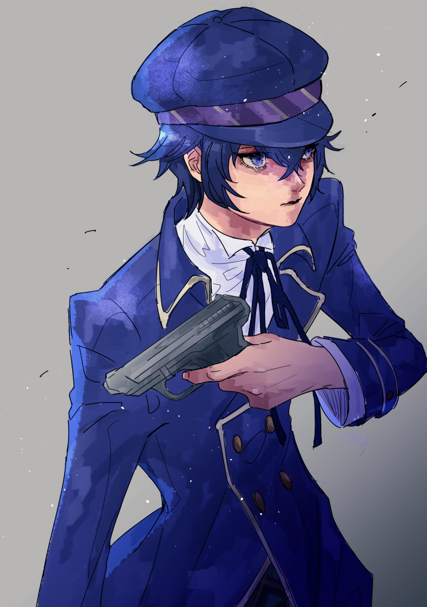 1girl androgynous bayu_(uyab003) blue_eyes blue_hair blue_hat blue_jacket collared_shirt crossdressing crossdressing_(ftm) crossed_bangs grey_background gun hair_between_eyes handgun hat holding holding_gun holding_weapon jacket long_sleeves looking_to_the_side neck_ribbon newsboy_cap persona persona_4 ribbon shirogane_naoto shirt short_hair solo upper_body weapon white_shirt