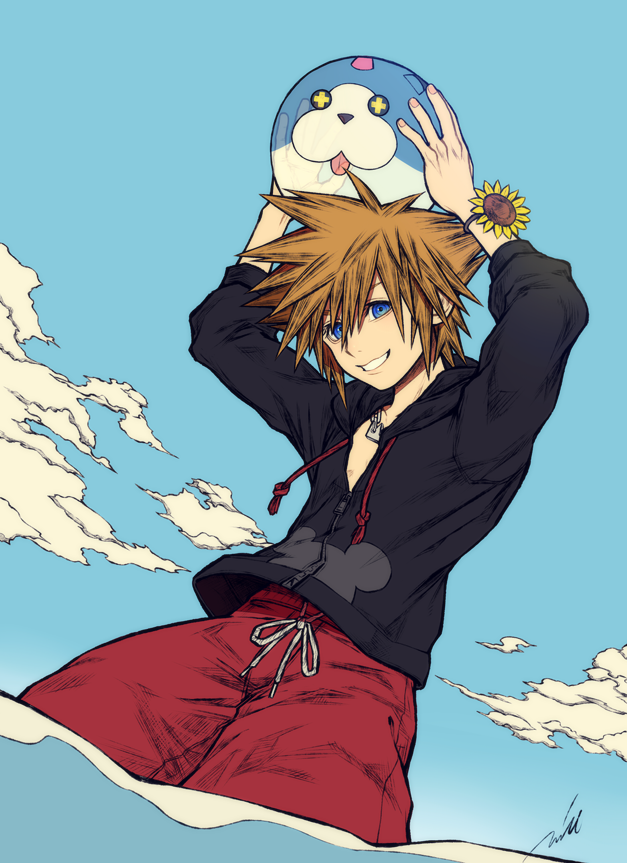 1boy alternate_costume arms_up ball beachball black_hoodie blue_eyes blue_sky brown_hair cloud drawstring dutch_angle flower grin holding holding_ball holding_beachball hood hoodie kingdom_hearts long_sleeves male_focus male_swimwear mim_(mimya0600) outdoors red_male_swimwear sky smile sora_(kingdom_hearts) spiked_hair sunflower swim_trunks teeth water wondernyan_(kingdom_hearts) yellow_flower