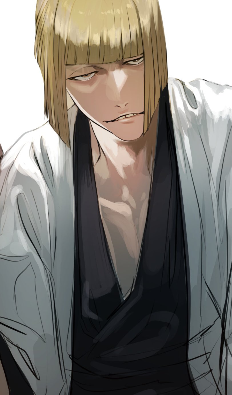 1boy ajuji_aju bleach blonde_hair blunt_bangs blunt_ends bob_cut brown_eyes haori highres hirako_shinji japanese_clothes looking_at_viewer male_focus short_hair simple_background solo teeth white_background white_haori