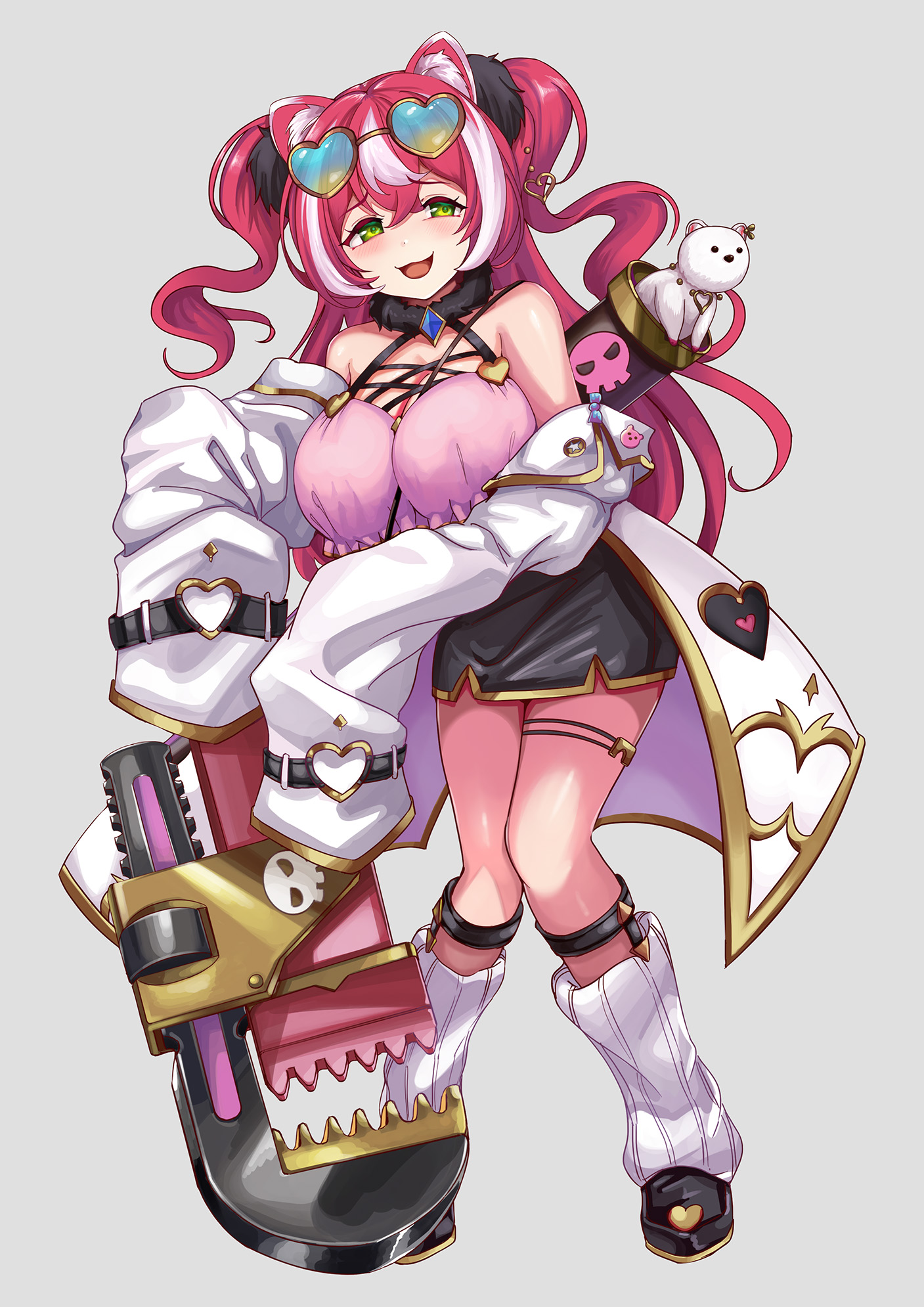 1girl animal_ear_fluff animal_ears black_skirt blue_gemstone breasts camisole cleavage cloak detached_sleeves eyewear_on_head fubuki_(princess_connect!) full_body fur_collar fur_hair_tie gem green_eyes hair_ornament heart heart-shaped_eyewear heart_hair_ornament highres holding holding_weapon huge_breasts knees_together_feet_apart leg_warmers long_hair long_sleeves mesugaki mononoke_(pixiv53597254) multicolored_hair open_mouth pencil_skirt pink_camisole pink_hair princess_connect! simple_background skirt solo standing streaked_hair thigh_strap twintails weapon white_cloak white_leg_warmers white_sleeves white_streaks yellow-framed_eyewear