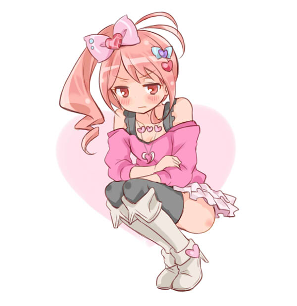1girl altorealize antenna_hair bare_shoulders black_thighhighs boots bow female_focus gem hair_bow hair_ornament heart heart_hair_ornament high_heel_boots high_heels jewelpet_(series) jewelpet_kira_deco! knee_boots oomiya_pink pink_eyes pink_hair side_ponytail skirt solo squatting thighhighs