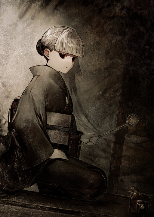 1girl albino_(a1b1n0623) back_bow black_eyes black_hair black_kimono blunt_bangs bow closed_mouth fate/grand_order fate_(series) from_side full_body game_cg gradient_hair hair_bun hand_on_lap hand_up hishaku holding japanese_clothes kimono long_sleeves looking_at_viewer multicolored_hair muted_color obi obijime official_art sash seiza sen_no_rikyu_(fate) short_hair single_hair_bun sitting smile solo tea_ceremony third-party_source white_hair wide_sleeves