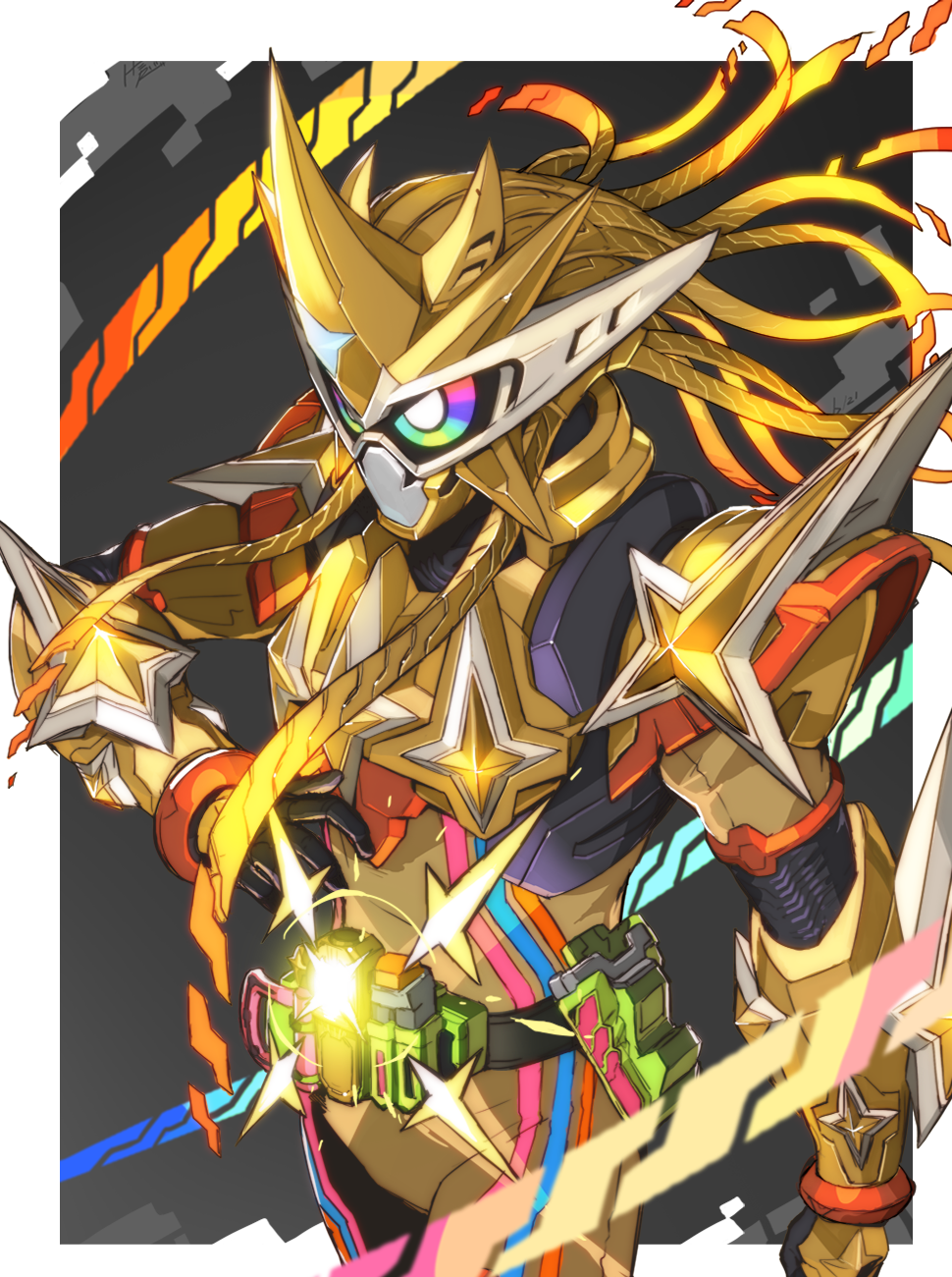 1boy armor belt belt_buckle black_background border buckle commentary_request cowboy_shot full_armor gamer_driver glowing gold_armor highres kamen_rider kamen_rider_ex-aid kamen_rider_ex-aid_(hyper_muteki) kamen_rider_ex-aid_(series) male_focus multicolored_eyes muteki_gamer outside_border power_armor rider_belt sidelocks solo standing tokusatsu tonami_kanji white_border