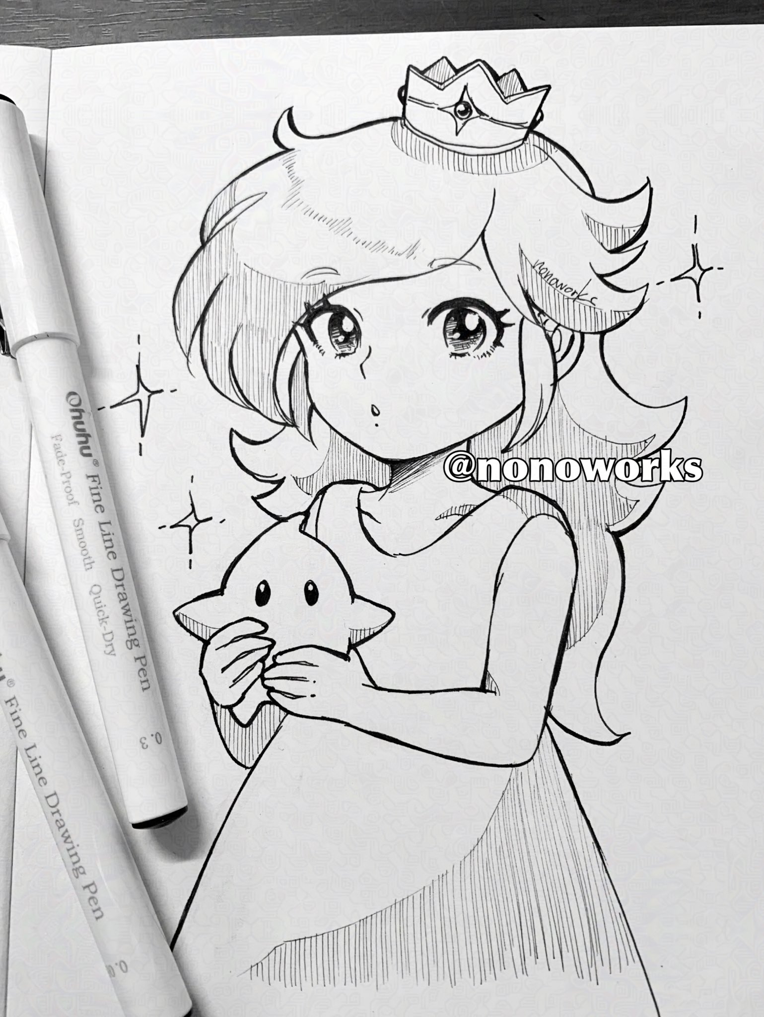 1girl aged_down commentary crown dress english_commentary eyelashes greyscale highres long_hair looking_at_viewer luma_(mario) mario_(series) marker_(medium) monochrome nintendo nonoworks parted_lips photo_(medium) rosalina sleeveless sleeveless_dress super_mario_galaxy traditional_media twitter_username