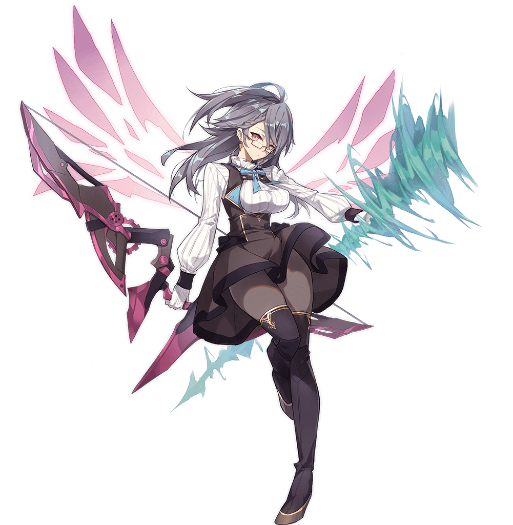 1girl ahoge ark_order black_boots black_pantyhose black_skirt boots breasts energy_wings full_body gloves gold_trim grey_hair high-waist_skirt kzhu large_breasts long_hair long_sleeves official_art pantyhose puffy_long_sleeves puffy_sleeves purple_wings rectangular_eyewear red-framed_eyewear shirt skirt solo tachi-e thigh_boots thighhighs transparent_background vedrfolnir_(ark_order) weapon white_gloves white_shirt wings yellow_eyes