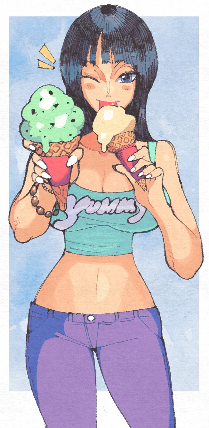 1girl alternate_costume aqua_tank_top bare_shoulders bead_bracelet beads black_hair blue_background blue_eyes blush_stickers border bracelet breasts chocolate_chip cleavage cowboy_shot crop_top cropped_shirt dark-skinned_female dark_skin fingernails food giving gold_bracelet green_tank_top hands_up highres holding holding_food holding_ice_cream holding_ice_cream_cone ice_cream ice_cream_cone incoming_food inkerton-kun jewelry large_breasts licking long_fingernails long_hair looking_at_viewer mint_chocolate mint_chocolate_(razschi) multiple_bracelets nail_polish navel nico_robin notice_lines one_eye_closed one_piece print_tank_top skinny_jeans tank_top tongue tongue_out white_border white_nails