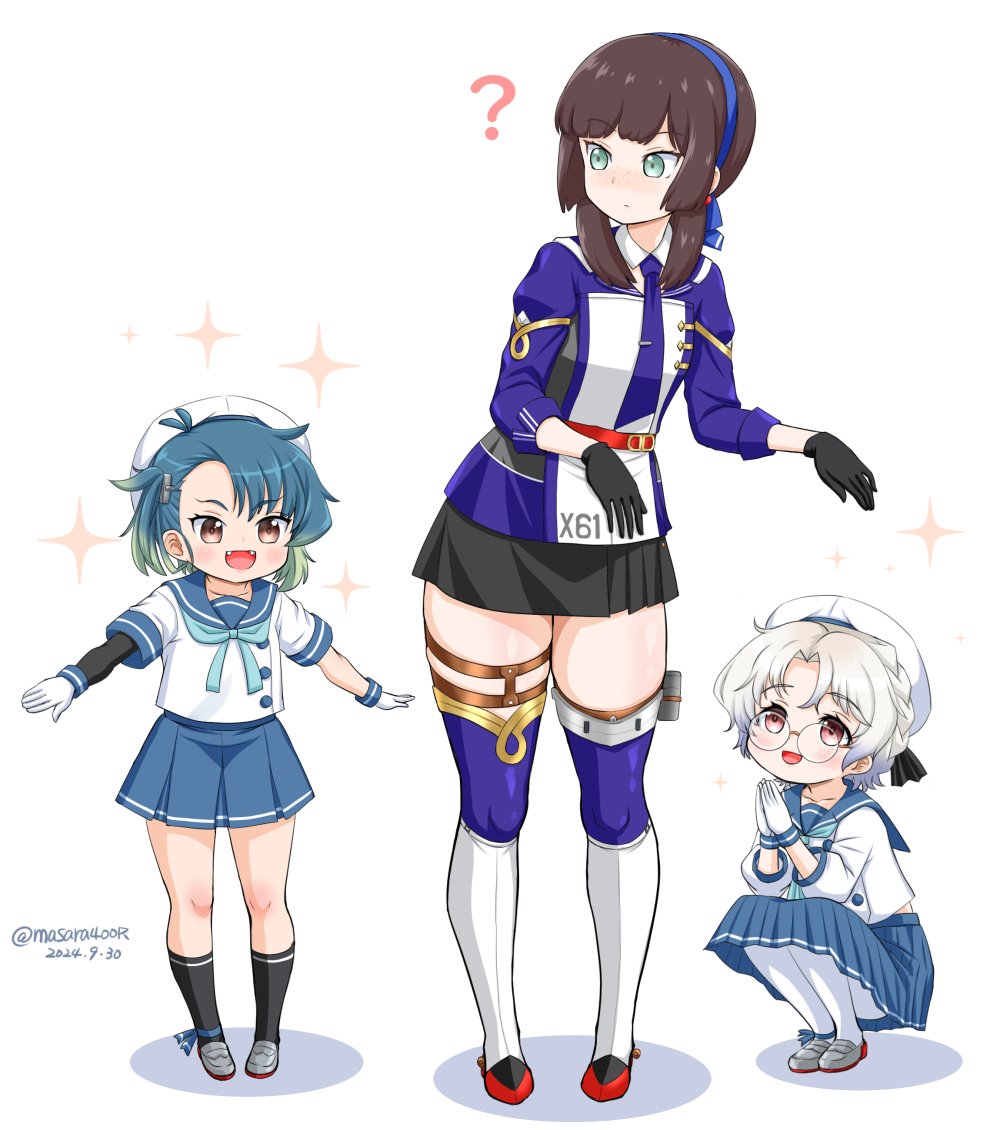 3girls aqua_neckerchief black_arm_warmers black_gloves black_skirt black_socks blue_hair blue_hairband blue_jacket blue_necktie blue_ribbon blue_sailor_collar blue_skirt blue_thighhighs blunt_sidelocks blush boots brown_eyes brown_hair closed_mouth cyan_eyes dated freckles fukae_(kancolle) gloves gradient_hair grey_footwear hair_ribbon hairband hat high_heel_boots high_heels hirato_(kancolle) jacket kantai_collection long_sleeves masara_(chuujou) medium_hair military_uniform mogador_(kancolle) multicolored_hair multicolored_jacket multiple_girls neckerchief necktie open_mouth pantyhose pleated_skirt red_eyes ribbon sailor_collar sailor_hat sailor_shirt school_uniform serafuku shirt shoes short_hair short_sleeves skirt smile socks sparkle thighhighs twitter_username two-tone_jacket two-tone_necktie white_background white_footwear white_gloves white_hair white_hat white_pantyhose white_shirt