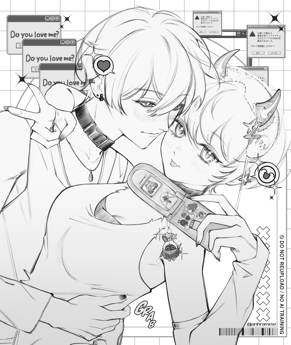 1boy 1girl anbramme belle_(zenless_zone_zero) brother_and_sister emoji english_text highres horns incest mirror_selfie selfie short_hair siblings tongue tongue_out twitter_username upper_body wise_(zenless_zone_zero) zenless_zone_zero