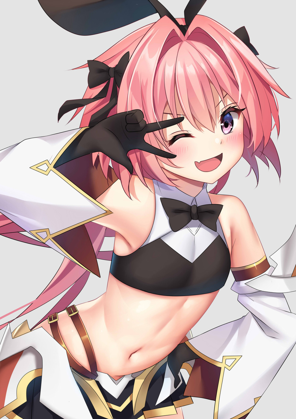 1boy animal_ears astolfo_(fate) astolfo_(saber)_(fate) astolfo_(saber)_(first_ascension)_(fate) bare_shoulders black_bow black_bowtie black_gloves black_ribbon blush bow bowtie crop_top fake_animal_ears fang fate/grand_order fate_(series) gloves grey_background hair_between_eyes hair_bow hair_intakes highres ikazu401 long_hair looking_at_viewer male_focus midriff multicolored_hair navel one_eye_closed open_mouth pink_hair purple_eyes rabbit_ears ribbon skin_fang smile solo streaked_hair trap twintails two-tone_hair v v_over_eye white_hair