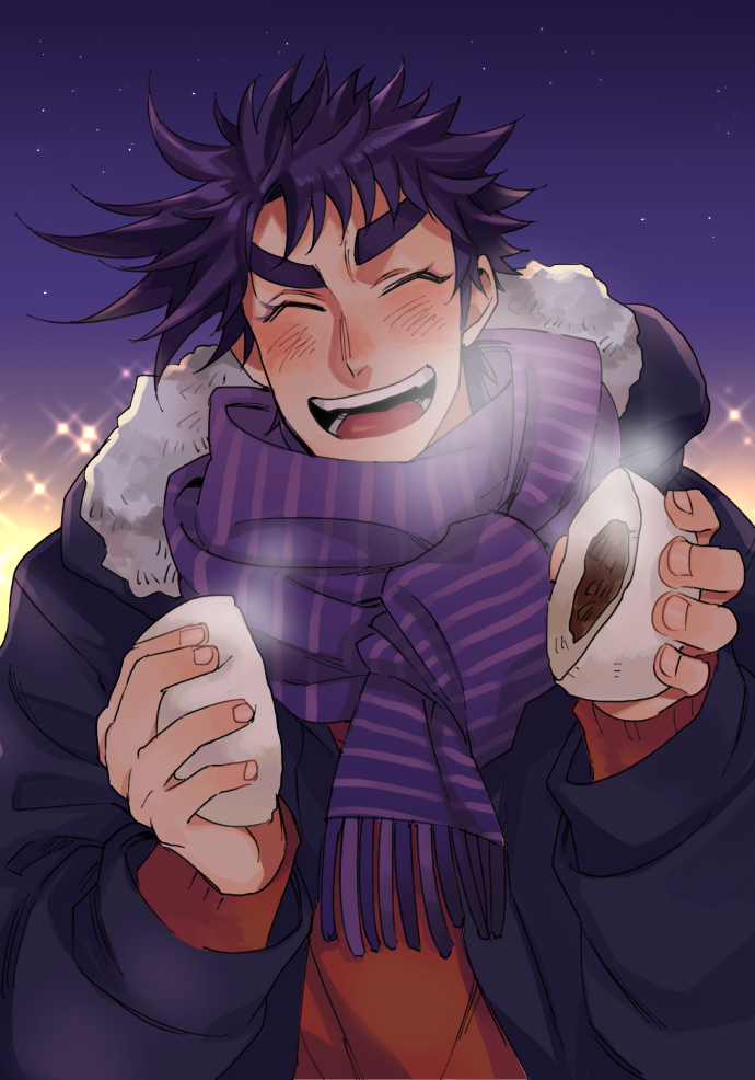 1boy ^_^ battle_tendency black_hair blush closed_eyes coat fur-trimmed_coat fur_trim incoming_food jojo_no_kimyou_na_bouken joseph_joestar joseph_joestar_(young) male_focus purple_hair purple_scarf red_shirt scarf shirt snack solo steam striped_clothes striped_scarf sunabu winter_clothes winter_coat