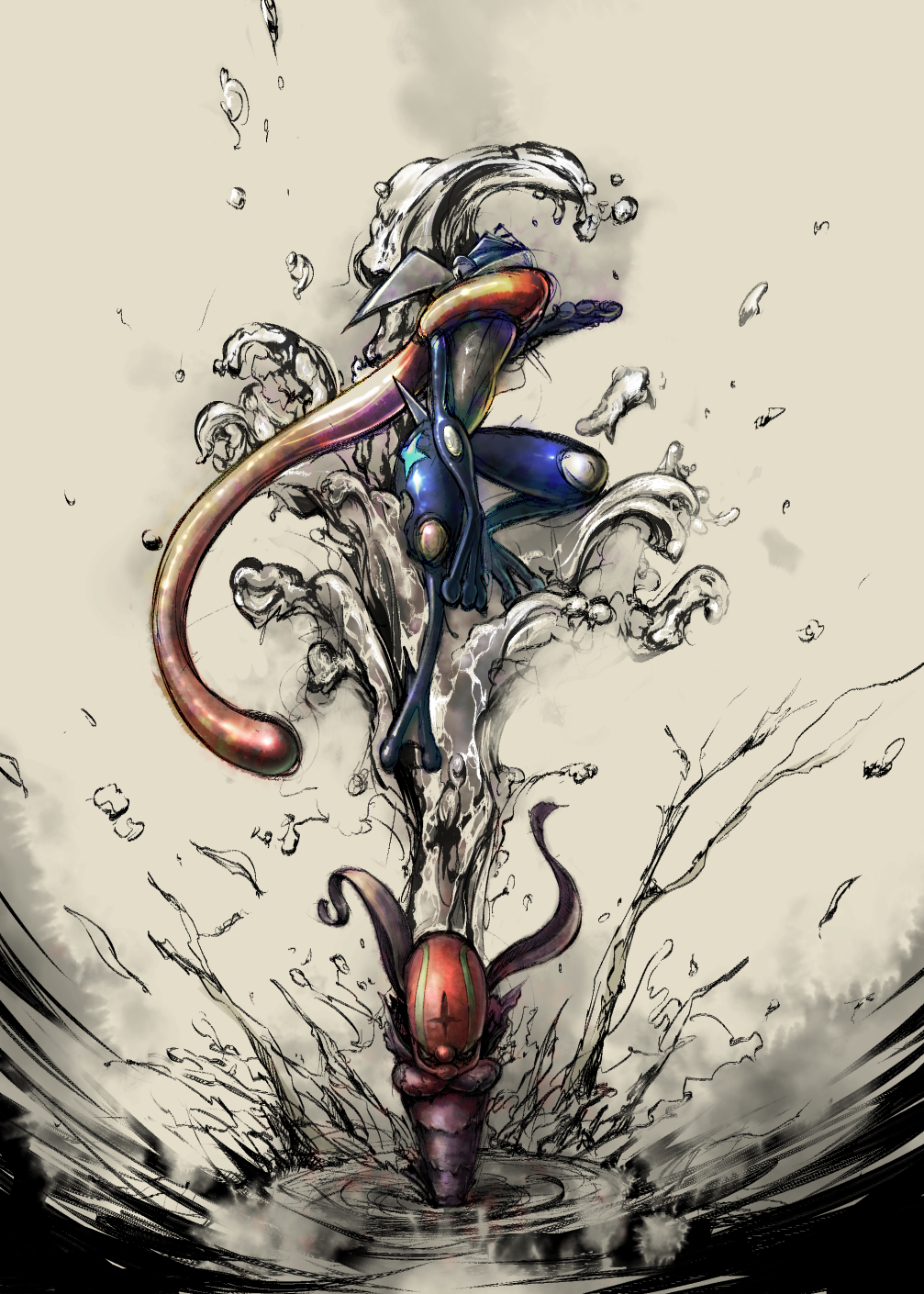 10s accelgor black_eyes brown_background crossed_arms full_body fwfwpkpk gen_5_pokemon gen_6_pokemon greninja highres looking_at_viewer nintendo no_humans pokemon pokemon_(creature) pokemon_xy ripples simple_background splashing tongue
